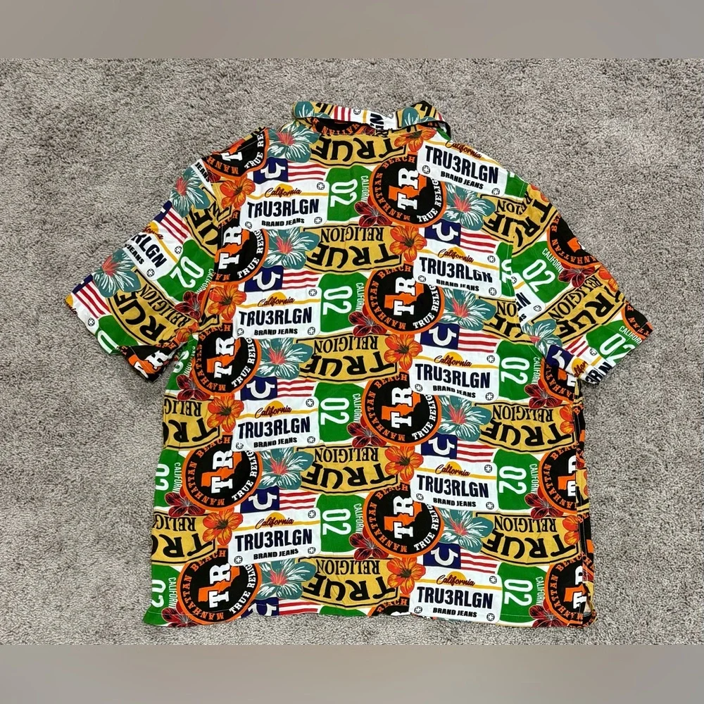 True Religion All Over‎ West Coast Logo Camp Collar Hawaiian Shirt Mens Size 2XL